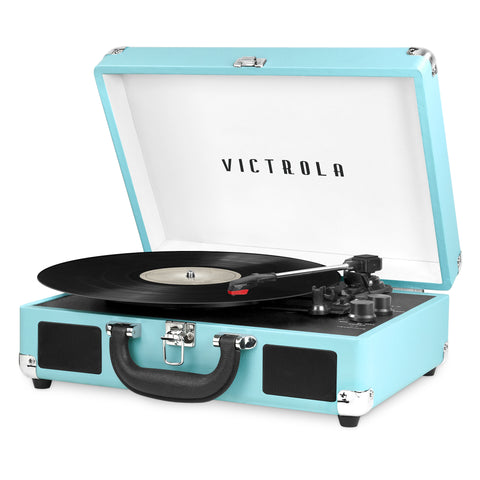 The Journey Portable Suitcase Record Player with 3-speed Turntable, Turquoise