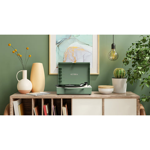 The Re-Spin Sustainable Bluetooth Suitcase Record Player, Green