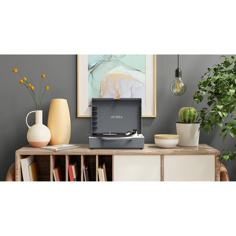 The Re-Spin Sustainable Bluetooth Suitcase Record Player, Gray